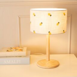 ValueLights Triston Natural Light Wood Stem Table Lamp with Lemon Embroidered Shade & Bulb