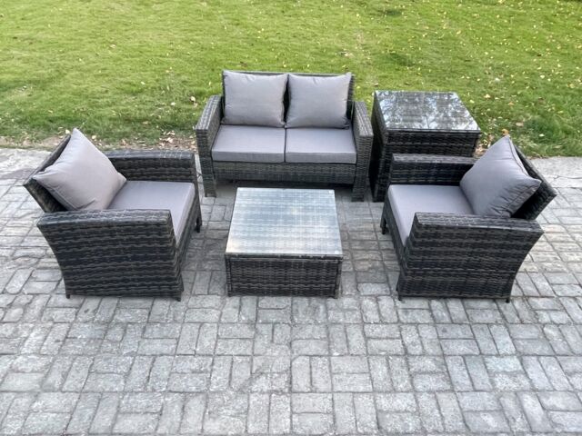 Fimous Outdoor Lounge Sofa Set Wicker PE Rattan Garden Furniture Set with Armchair Squar Coffee Table Double Seat Sofa in Dark Grey