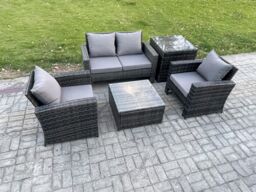 Fimous Outdoor Lounge Sofa Set Wicker PE Rattan Garden Furniture Set with Armchair Squar Coffee Table Double Seat Sofa in Dark Grey - thumbnail 2