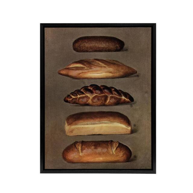 "Artery8 Baked Bread Loaves Vintage Black Framed Canvas Wall Art in Brown - Size: W12"" x H16""" - image 1