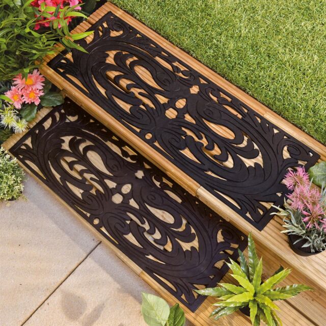 mysmartbuy Set of 4 Decorative Rubber Step Mats - 75 x 25cm Wrought Iron Effect Indoor or Outdoor Weather Resistant Non Slip Mats - Size: Small - image 1