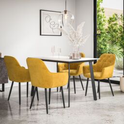 More4Homes Haydon Extending Dining Table & Chairs- White Marble Effect Table Top w Black Legs + Anika Velvet Dining Chair Set Of 4 in Mustard - thumbnail 2