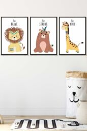 ARTZE Nursery Tribal Lion, Bear, Giraffe Quote Prints Framed Wall Art - Medium in Black - Size: W45 cm x H62 cm x D20mm - thumbnail 1