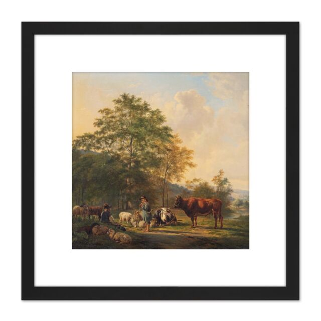 Artery8 Van Os Hilly Landscape Shepherd Cattle Painting 8X8 Inch Square Wooden Framed Wall Art Print Picture with Mount in Black - image 1