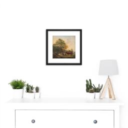 Artery8 Van Os Hilly Landscape Shepherd Cattle Painting 8X8 Inch Square Wooden Framed Wall Art Print Picture with Mount in Black - thumbnail 2
