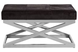 Orsina Cross Base Leather Bench With Stainless Steel Legs, Durable Indoor Bench, Modern Leather Seat, Accent Bench in Black