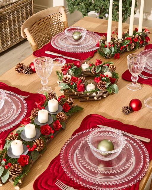 Dibor Set of 2 Roses Four Dinner Centrepiece Christmas Decoration Tealight Holder Candle Holders 35cm in Red - Size: 2 Pack - image 1