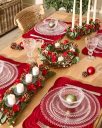 Dibor Set of 2 Roses Four Dinner Centrepiece Christmas Decoration Tealight Holder Candle Holders 35cm in Red - Size: 2 Pack