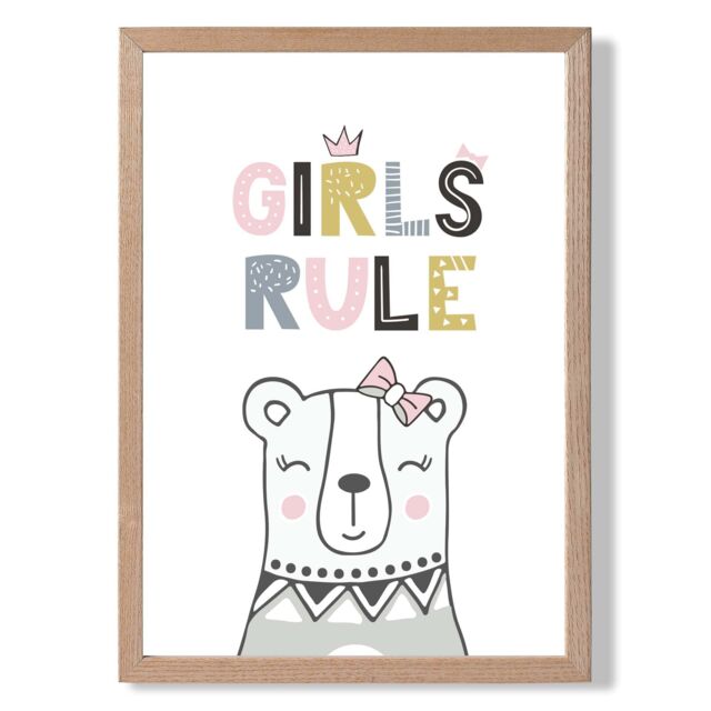 ARTZE Cute Girls Rule Bear Scandi Quote Framed Print SIZE: A2 with Oak Frame in Pink - Size: A4 - image 1