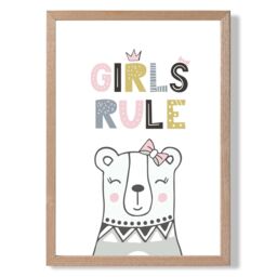ARTZE Cute Girls Rule Bear Scandi Quote Framed Print SIZE: A2 with Oak Frame in Pink - Size: A4