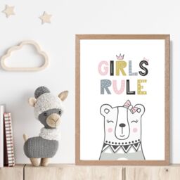 ARTZE Cute Girls Rule Bear Scandi Quote Framed Print SIZE: A2 with Oak Frame in Pink - Size: A4 - thumbnail 2