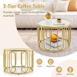 Costway 60cm Round Coffee Table 2-Tier Accent Table Modern Sofa Center Table in Gold - thumbnail 6