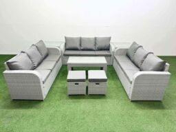 Fimous PE Rattan Lounge Sofa Set 11 Seater Outdoor Garden Furniture Set with Oblong Coffee Table 3 Seater Sofa 2 Stools 2 Side Table Light Grey - thumbnail 1