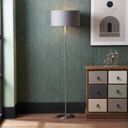 Ruma Tall Living Room Floor Lamp Brushed Silver Grey Drum Lampshade - thumbnail 1