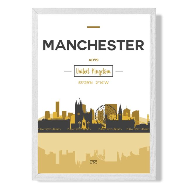 ARTZE Manchester Yellow & Black City Skyline Framed Print SIZE: A2 with White Frame - Size: A3 - image 1