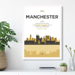 ARTZE Manchester Yellow & Black City Skyline Framed Print SIZE: A2 with White Frame - Size: A3 - thumbnail 2