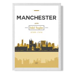 ARTZE Manchester Yellow & Black City Skyline Framed Print SIZE: A2 with White Frame - Size: A3 - thumbnail 1