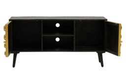Orsina Mango Wood Media Unit, Mid-Century Modern TV Stand with Gold Accents, Black Frame with Storage Shelves - thumbnail 2