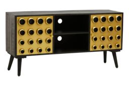 Orsina Mango Wood Media Unit, Mid-Century Modern TV Stand with Gold Accents, Black Frame with Storage Shelves - thumbnail 3