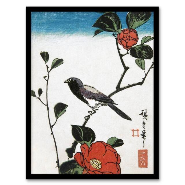 Artery8 Japanese Bird On Camellia Branch Vintage Framed Wall Art Print Hiroshige in Red - Size: A4 - image 1