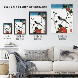 Artery8 Japanese Bird On Camellia Branch Vintage Framed Wall Art Print Hiroshige in Red - Size: A4 - thumbnail 3