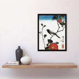 Artery8 Japanese Bird On Camellia Branch Vintage Framed Wall Art Print Hiroshige in Red - Size: A4 - thumbnail 4