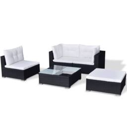 Berkfield Home 5 Piece Garden Lounge Set with Cushions Poly Rattan Black - thumbnail 3
