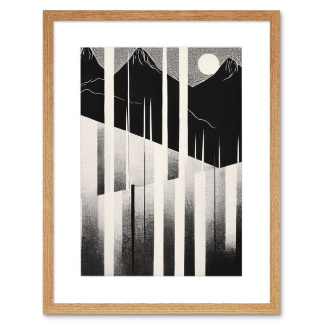 "Artery8 Wall Art Print Abstract Mountain Landscape Lake Sunrise Linocut Artwork Framed 9X7 Inch in Beige - Size: W7"" x H9""" - image 1