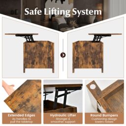 Costway Lift Top Coffee Table Modern Wooden Lift Top Dining Cocktail Table Living Room in Brown - thumbnail 4
