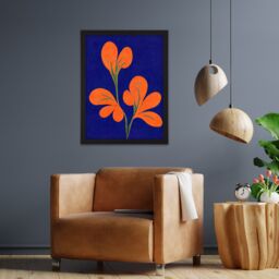 "Artery8 Wall Art Print Henri Matisse Inspired Bright Abstract Orange Flower Blooms On Royal Blue Large Framed Wall Décor Art - Size: W18"" x H24""" - thumbnail 2