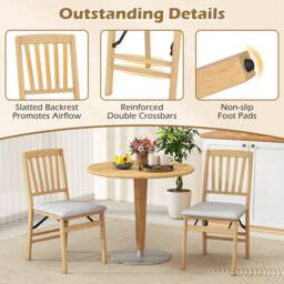 Costway Dining Chair Set of 2 Folding Chairs with Padded Seat in Natural - thumbnail 5