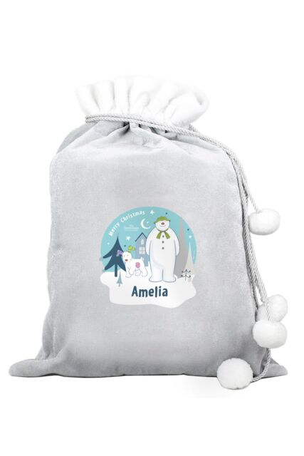 Personalised Memento Company Personalised The Snowman & the Snowdog® Luxury Silver Grey Pom Pom Sack in Light Grey - image 1