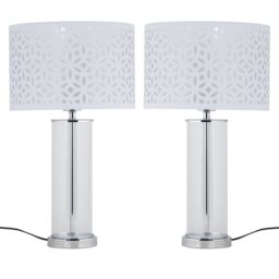First Choice Lighting Set of 2 Aura - Chrome Table Lamps with White Cut Out Shades in Silver - thumbnail 1