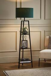 ValueLights Hiru Black 3 Tier Shelf Floor Lamp with Large Drum Shade & Bulb in Bottle Green - thumbnail 2