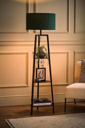 ValueLights Hiru Black 3 Tier Shelf Floor Lamp with Large Drum Shade & Bulb in Bottle Green
