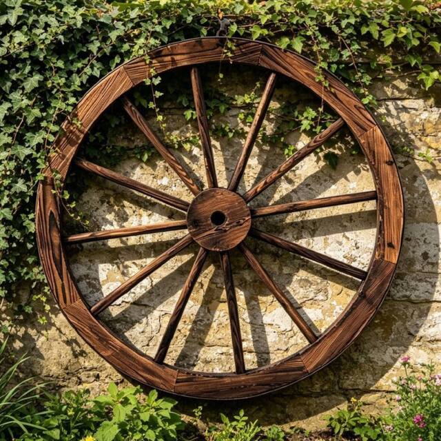 Gr8 Garden 90cm Rustic Wooden Wagon Wheel Garden Décor in Brown - image 1