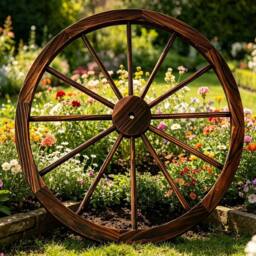 Gr8 Garden 90cm Rustic Wooden Wagon Wheel Garden Décor in Brown - thumbnail 3