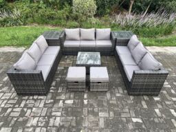 Fimous 11 Seater Outdoor Rattan Garden Furniture Set Patio Lounge Sofa Set with 2 Side Tables Square Coffee Table in Dark Grey - thumbnail 2