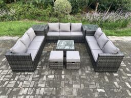 Fimous 11 Seater Outdoor Rattan Garden Furniture Set Patio Lounge Sofa Set with 2 Side Tables Square Coffee Table in Dark Grey - thumbnail 1