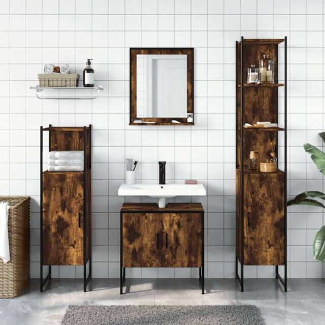 Berkfield Home Stylish 4 Piece Bathroom Cabinet Set Smoked Oak Engineered Wood in Brown - image 1