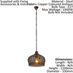 Loops Hanging Ceiling Pendant Light Antique Copper & Coloured Glass 1 x 60W E27 Bulb - thumbnail 2