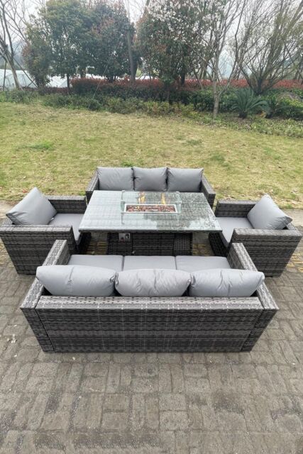 Fimous 8 Seater Outdoor PE Rattan Garden Furniture Gas Fire Pit Dining Table Set Lounge Sofa 2 PC Armchairs in Dark Grey - image 1