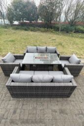 Fimous 8 Seater Outdoor PE Rattan Garden Furniture Gas Fire Pit Dining Table Set Lounge Sofa 2 PC Armchairs in Dark Grey - thumbnail 1