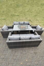 Fimous 8 Seater Outdoor PE Rattan Garden Furniture Gas Fire Pit Dining Table Set Lounge Sofa 2 PC Armchairs in Dark Grey - thumbnail 3