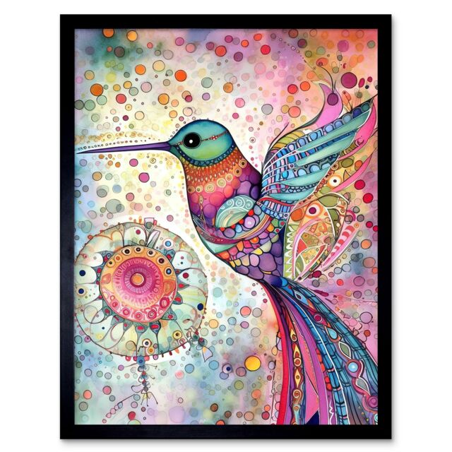 "Artery8 Wall Art Print Hummingbird With Mandala Patterns Colourful Folk Art Watercolour Painting Art Framed in Black - Size: W12"" x H16""" - image 1