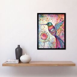"Artery8 Wall Art Print Hummingbird With Mandala Patterns Colourful Folk Art Watercolour Painting Art Framed in Black - Size: W12"" x H16""" - thumbnail 2