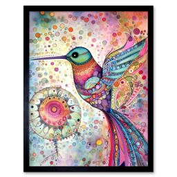 "Artery8 Wall Art Print Hummingbird With Mandala Patterns Colourful Folk Art Watercolour Painting Art Framed in Black - Size: W12"" x H16""" - thumbnail 1