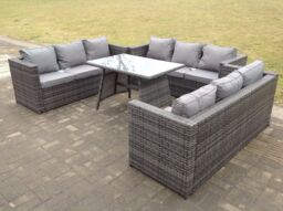 Fimous Outdoor Rattan Garden Furniture Lounge Sofa Set With Oblong Dining Table With Clear Tempered Glass in Dark Grey - thumbnail 2