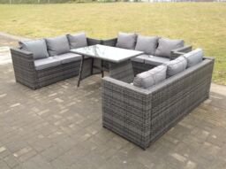Fimous Outdoor Rattan Garden Furniture Lounge Sofa Set With Oblong Dining Table With Clear Tempered Glass in Dark Grey - thumbnail 3