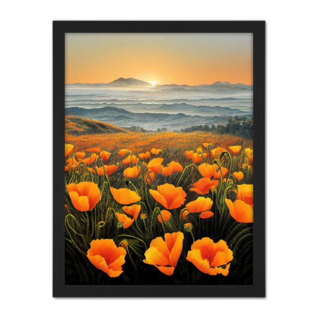 "Artery8 Wall Art Print Shoreline California Poppies At Sunrise Painting Large Framed Wall Décor Art in White - Size: W18"" x H24""" - image 1